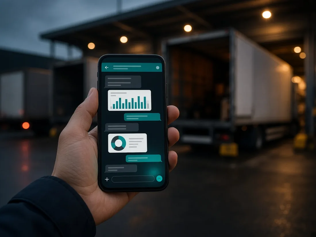 A manager at a loading dock holding a phone with a chat and charts on screen