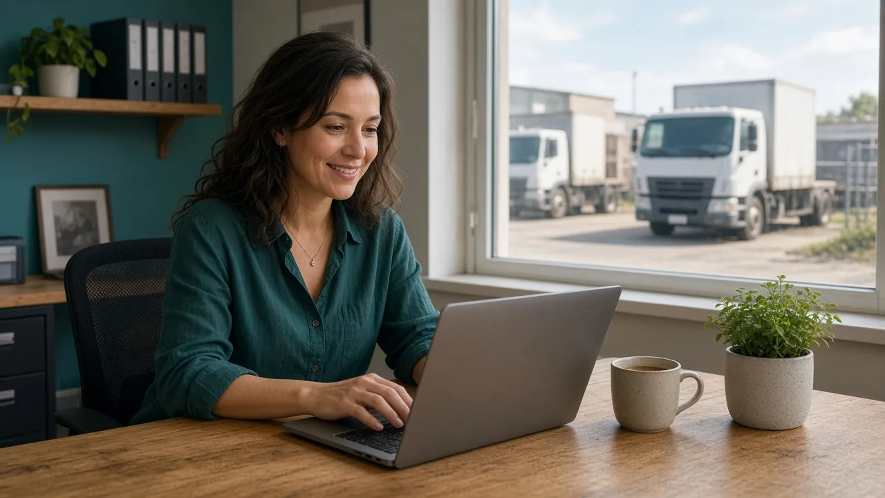 Small transport business owner smiling at her laptop with her trucks parked outside the office window