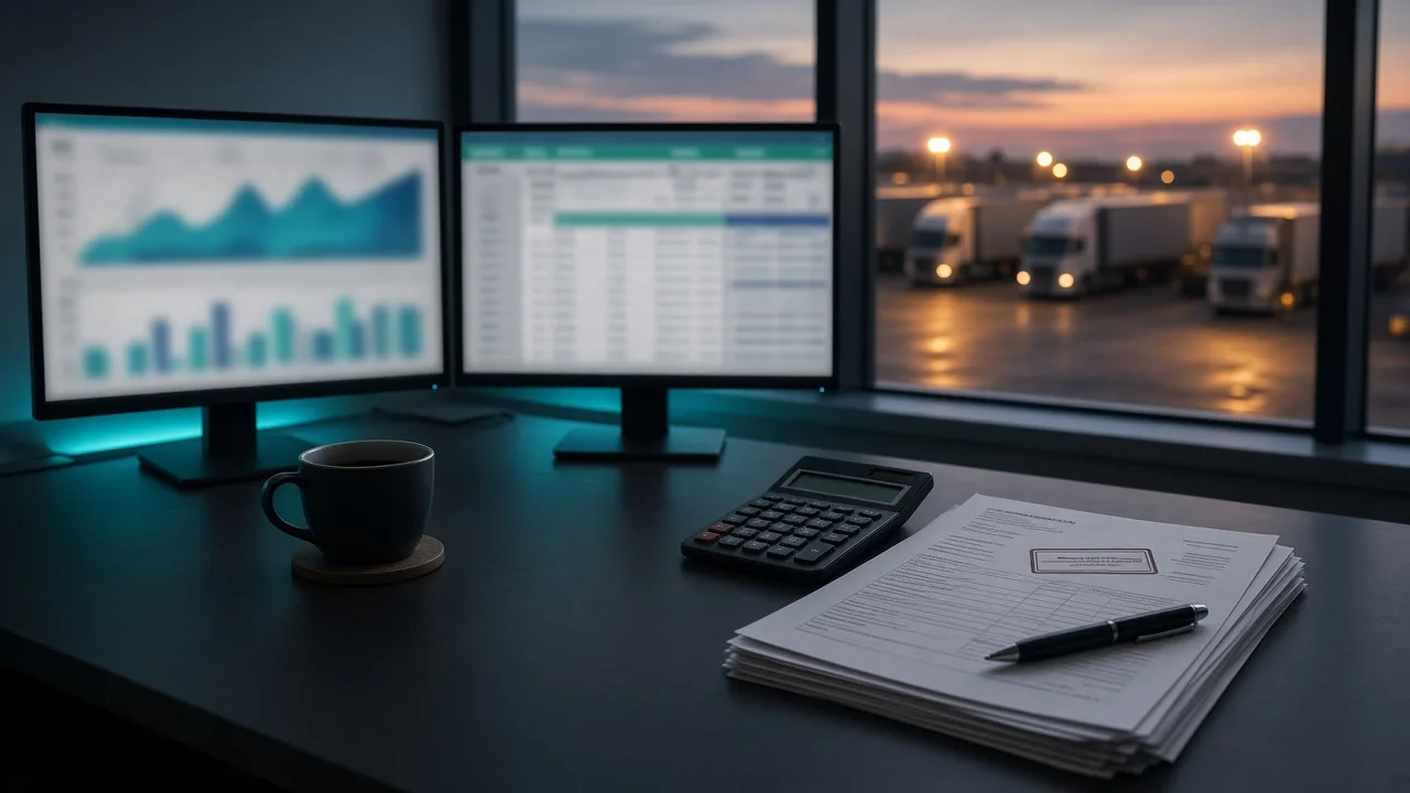 Freight finance desk with delivery documents and a truck yard outside