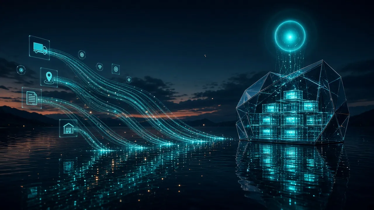 Streams of light from trucks, documents and sensors flowing into a lake and up into a glass warehouse