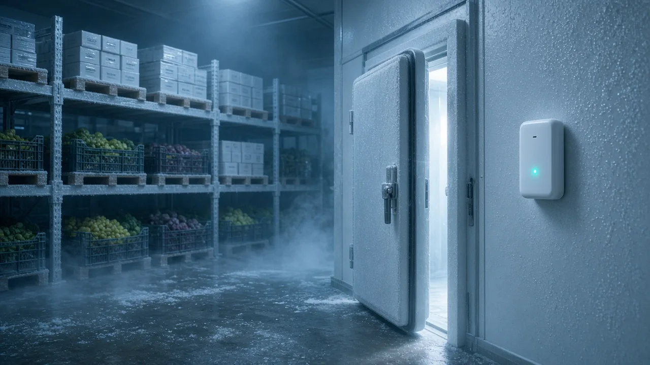 Frosted cold room with produce on racks, an open insulated door and a wall-mounted wireless sensor with a green light