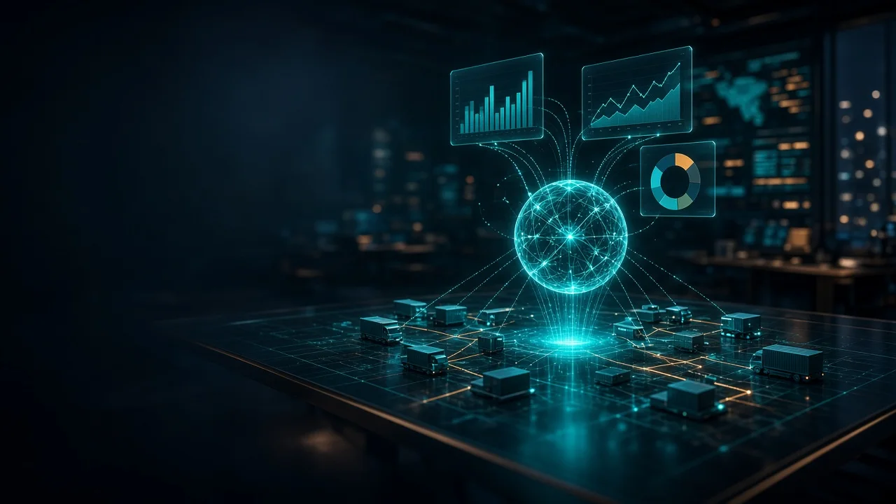 A glowing AI core above a holographic table of trucks, containers and routes, connected to floating charts