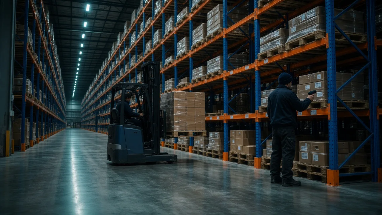 High-bay warehouse aisle with a reach truck and an operator scanning pallets