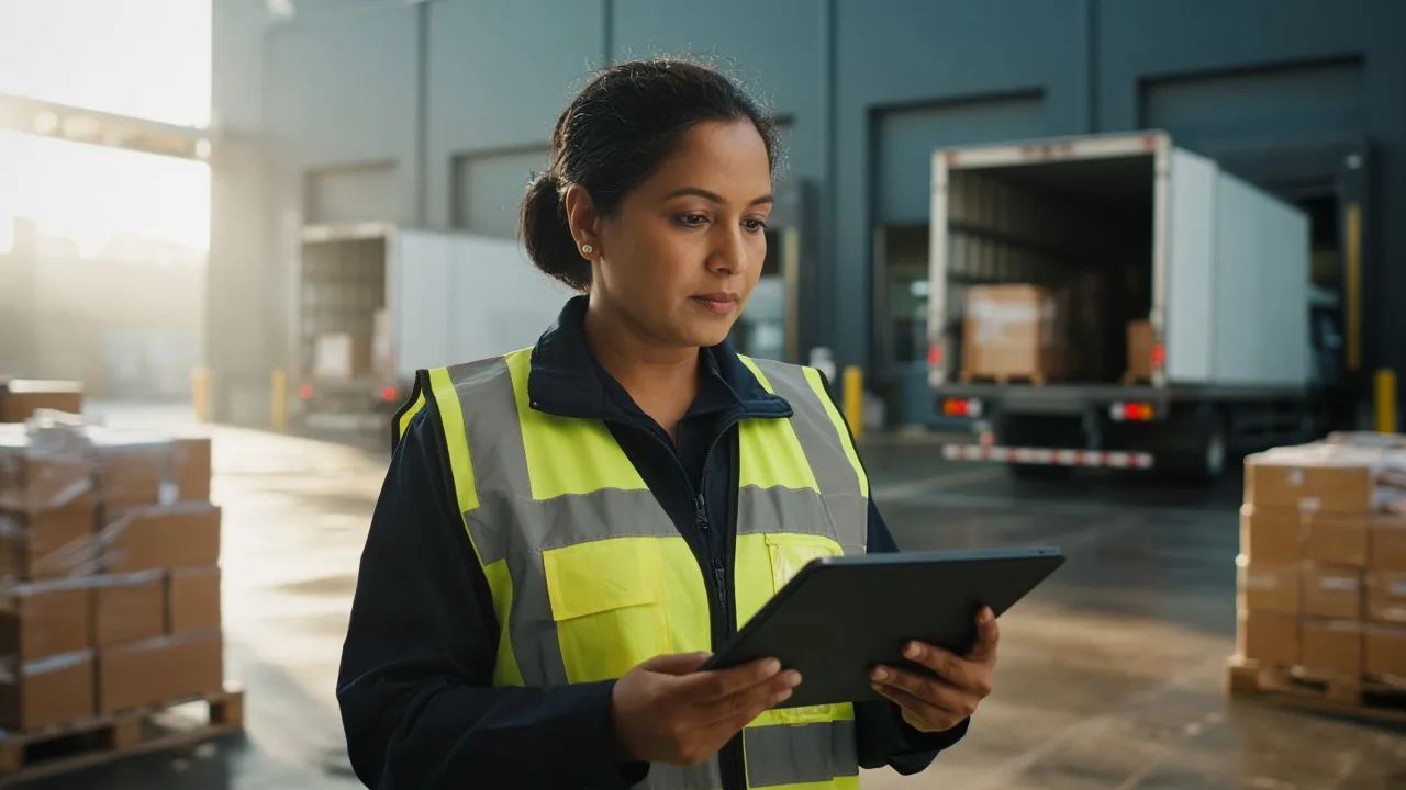 Logistics manager at a warehouse dock checking shipments on a tablet as trucks are loaded behind her