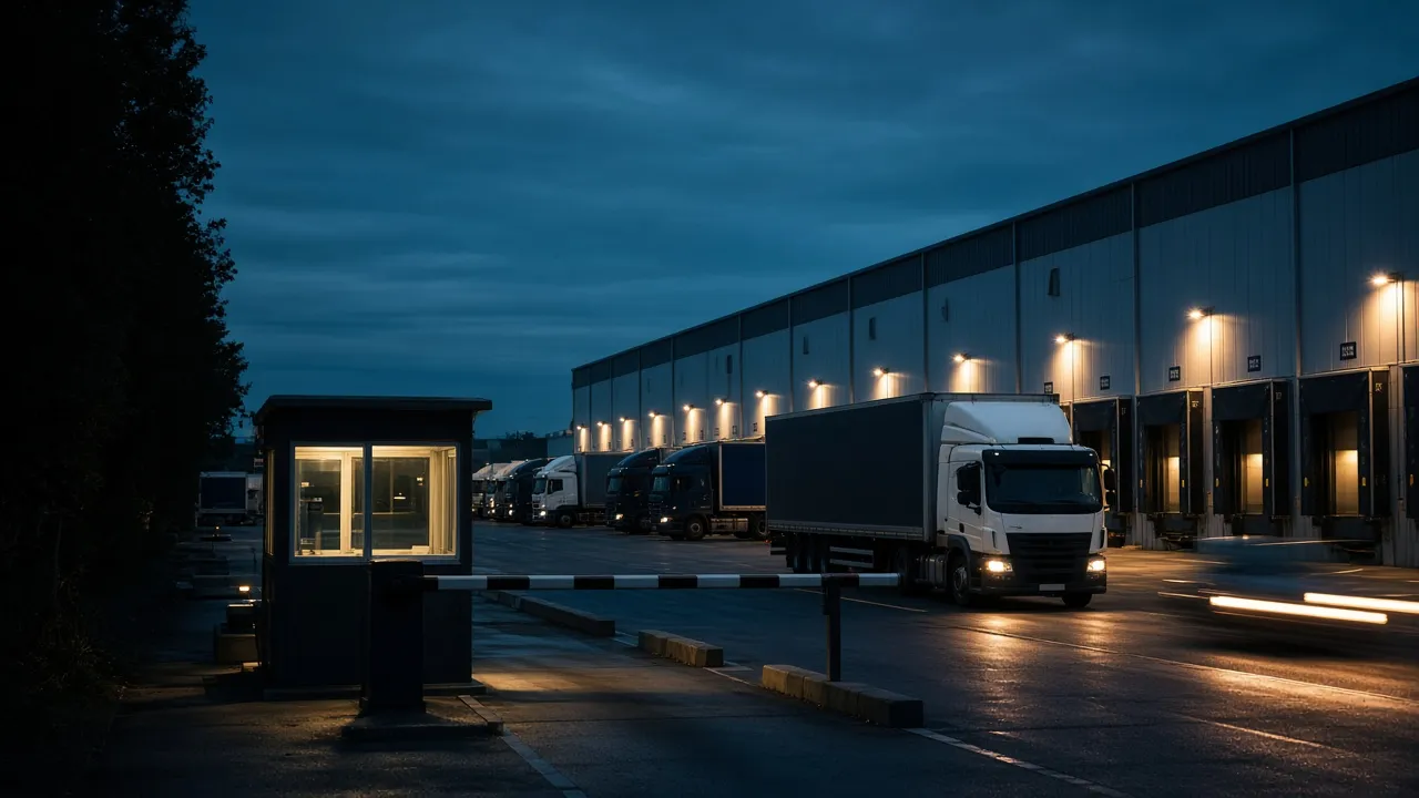 Plant gate with a boom barrier and trucks lined up at warehouse docks at dusk